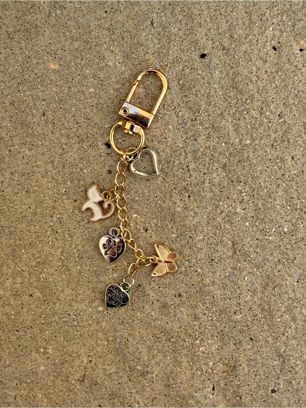 Gold-Tone Cat, Butterfly and Pet Charm Keychain with Heart and Paw Accents